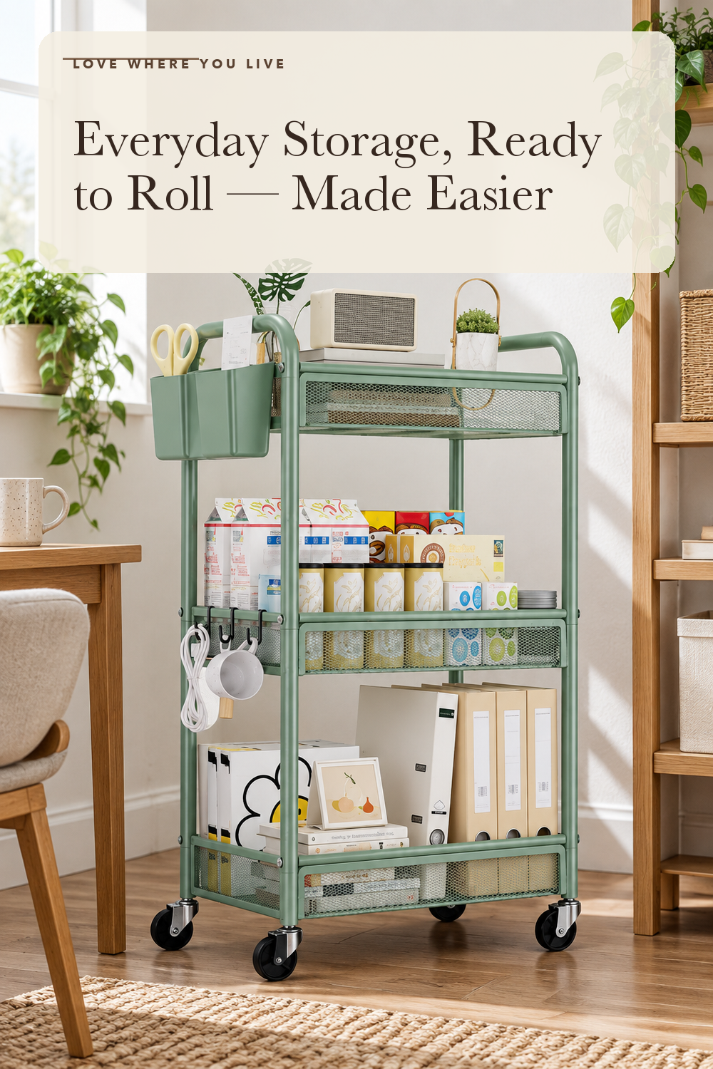 YASONIC 3 Tier Metal Rolling Cart, Green Utility Storage Cart with Wheels; styling illustration