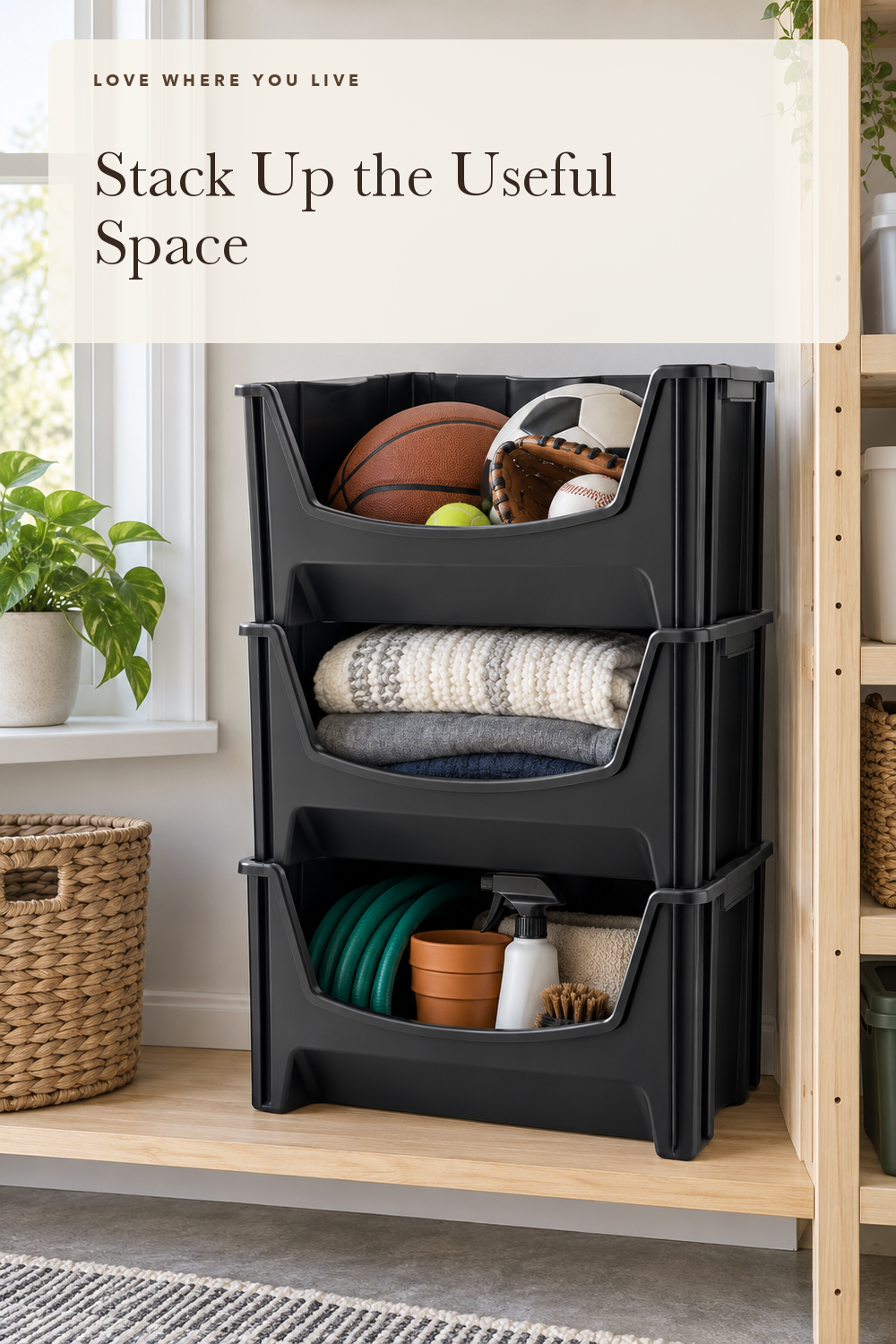 Mighty Tuff Jumbo Stackable Storage Bins, Pack of 3, Easy-Access Storage, Large Easy-to-Grip Handles, Wide Front Opening, Interlocking, Stack Vertically, Black; styling illustration