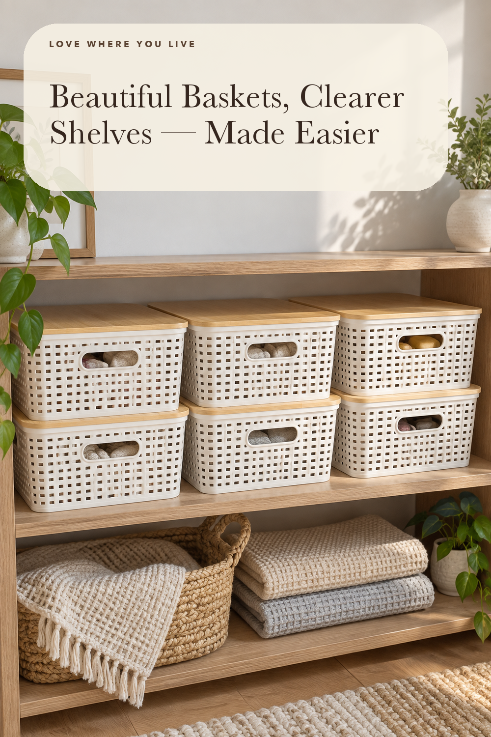 Bagnizer Small Plastic Storage Bins with Bamboo Lids 5.2qt Stackable Box Basket Pantry Decorative Containers Cute with Labels for Organizing Desktop Closet Office Cream White of 6 packs 10*7.2*4.1"; styling illustration