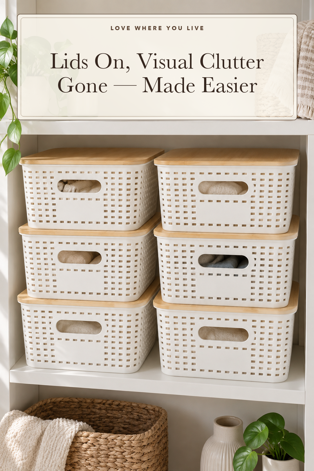 Ohmlove 6 Pack Plastic Storage Baskets with Bamboo Lids for Organization; styling illustration