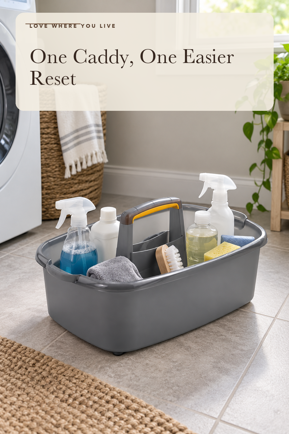 Casabella Cleaning Storage Caddy with Handle Plastic Multipurpose Organizer, Rectangle, 1.85-Gallon, Gray; styling illustration