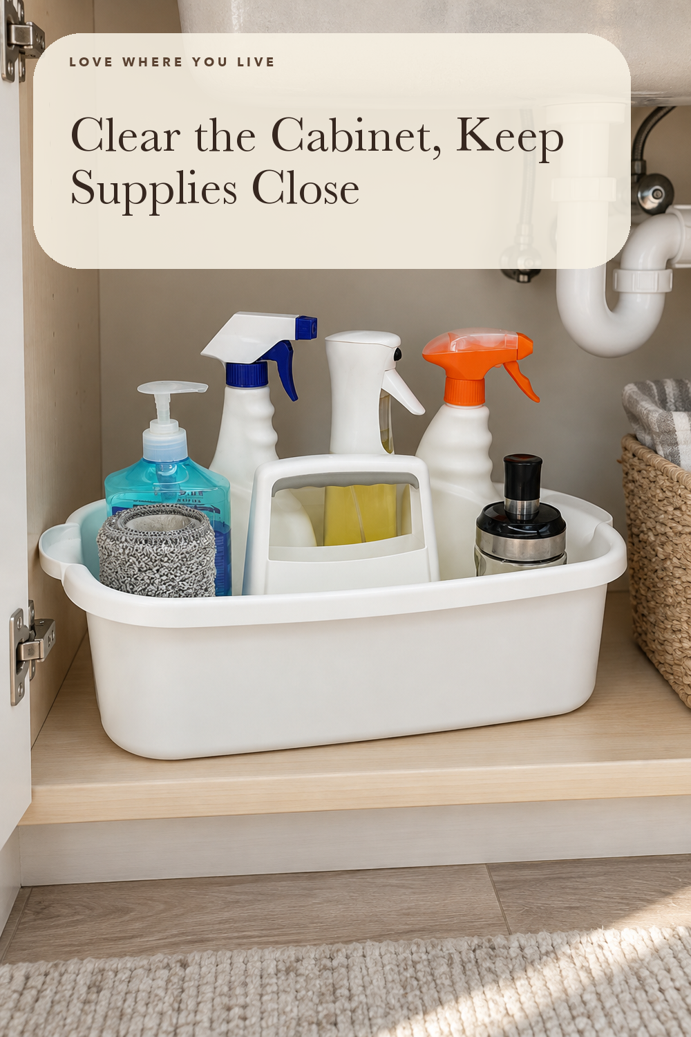 Goderewild Cleaning Caddy with Handle, Shower & Under Sink Basket, White; styling illustration