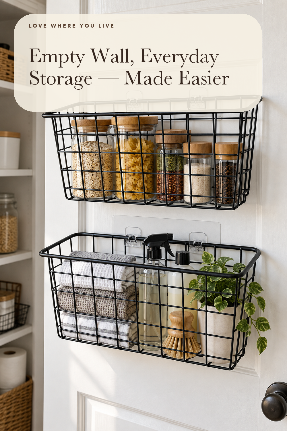 MaraFansie Hanging Kitchen Baskets, 2 Pack Wire Storage Basket Over Cabinet Door Organizer with Adhesive Hooks, No Drilling Pantry & Cabinet Organization for Kitchen Bathroom, Extra 2 Hooks, Black; styling illustration