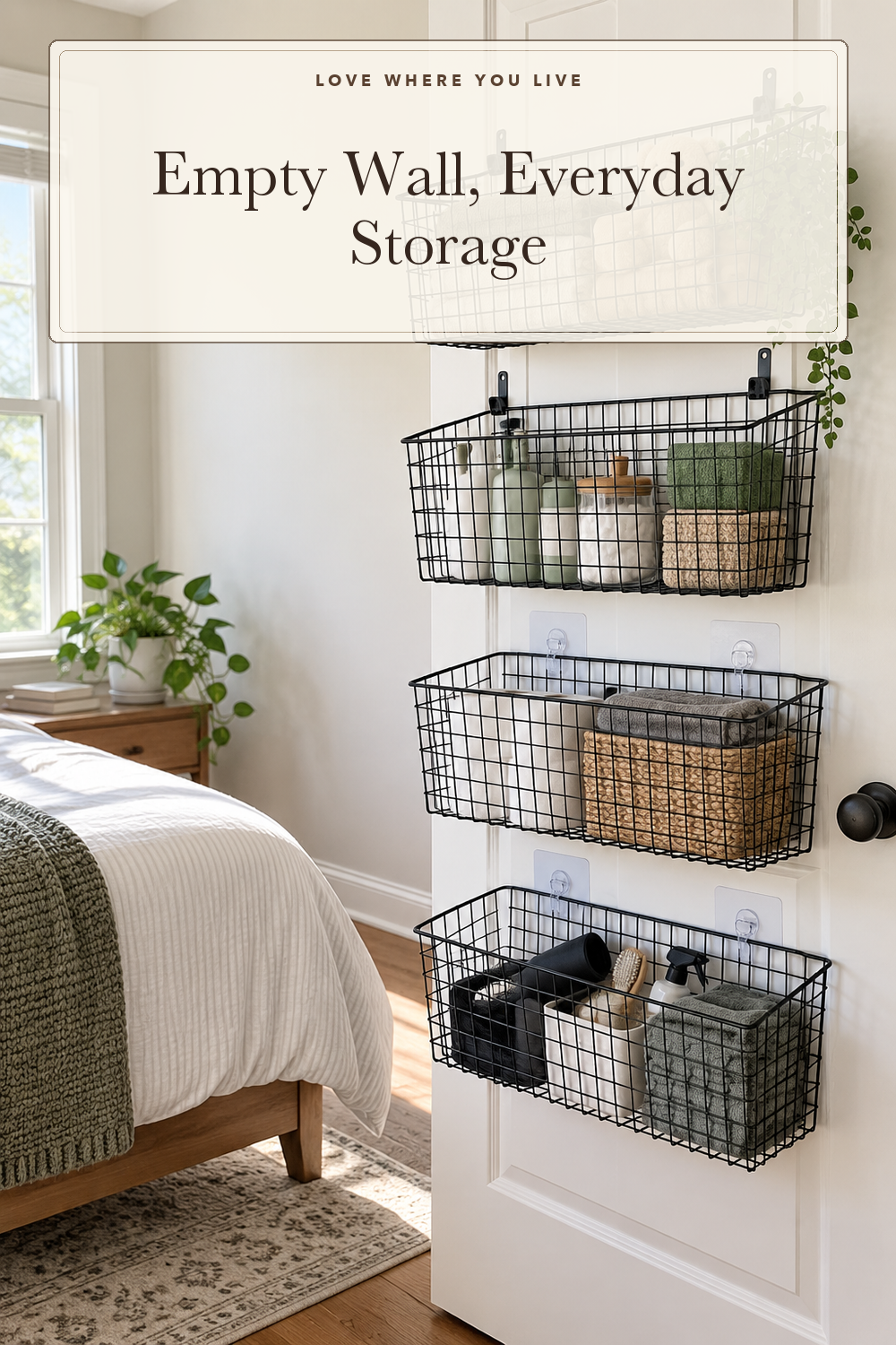 4 Set [EXTRA LARGE] Hanging Wall Mount Storage Baskets with Adhesive Hooks & Steel Hooks, Multiuse Sturdy Wire Metal Organizing Baskets for Home Kitchen Bathroom Pantry Utility Organizer, Black; styling illustration