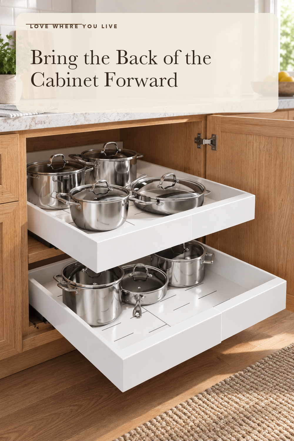 Seinloes 2Pack Expandable Pull Out Cabinet Organizer 21"Deep With Raising Pad for Framed Cabinets, Upgrade 3 Slide Rails Slide Out Drawers, Roll Out Shelves Adhesive,Adjustable Width 12.05"-20.4"White; styling illustration