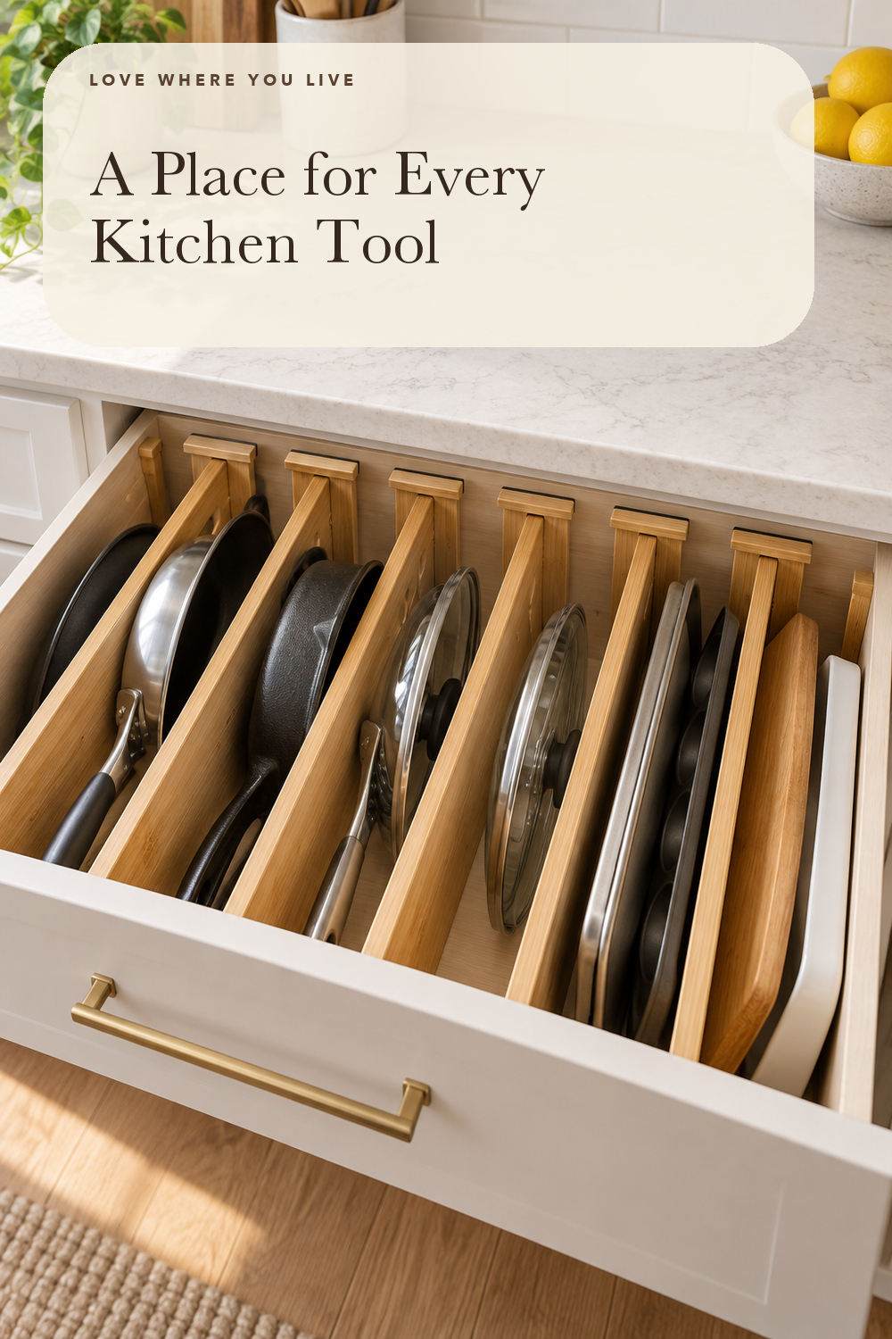 VaeFae 6-Pack Adjustable Bamboo Drawer Dividers, Expandable Drawer Organizer for Kitchen Utensils, Clothes, Bathroom, Office – Fits Drawer Interiors 16.6" to 21.8"; styling illustration