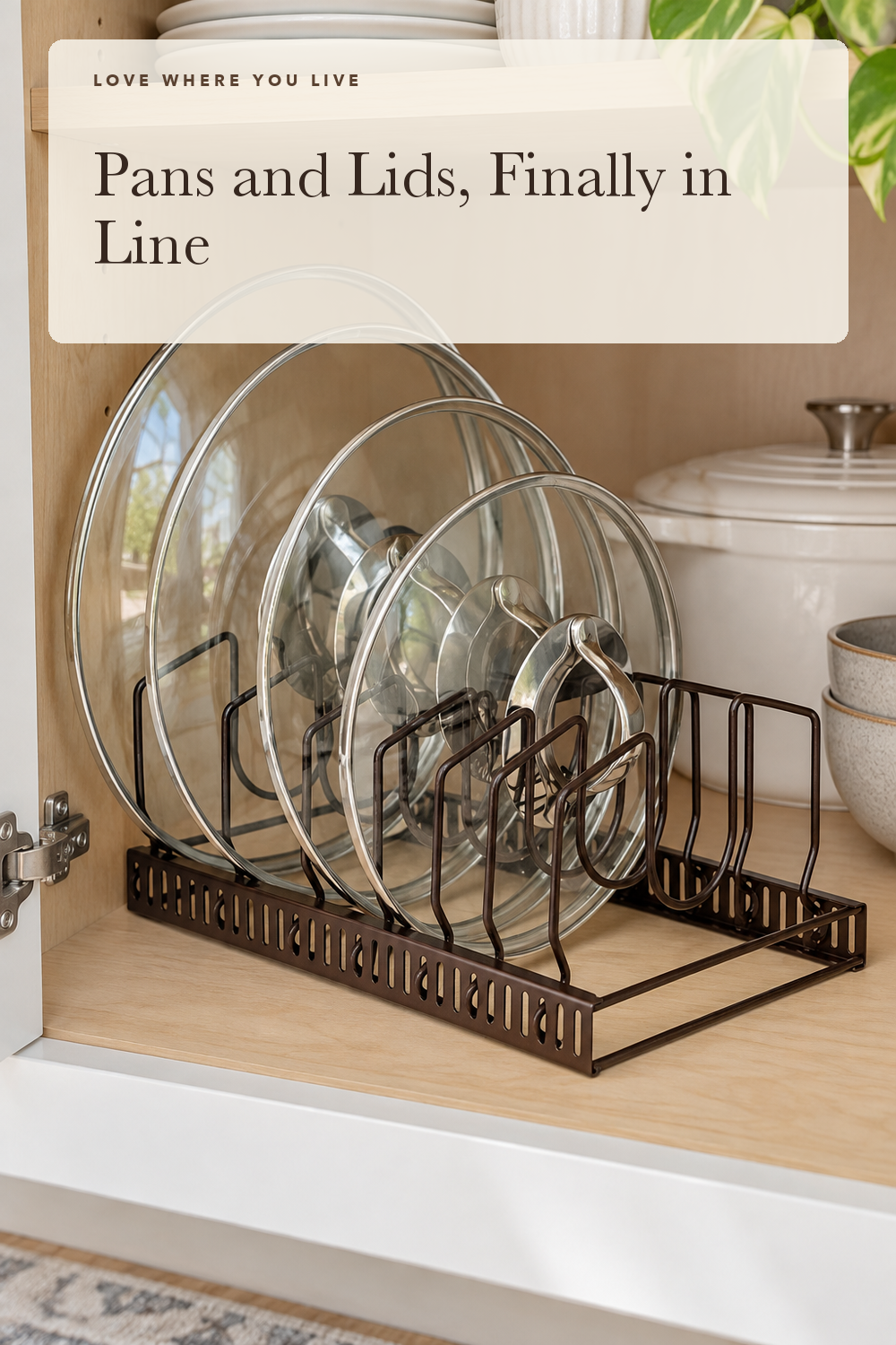 Toplife Pot Lids Organizer Rack for Cabinet and Countertop, 7+ Pan Lids and Bakeware Organizer Rack Holder with 7 Adjustable Compartments - Brown; styling illustration
