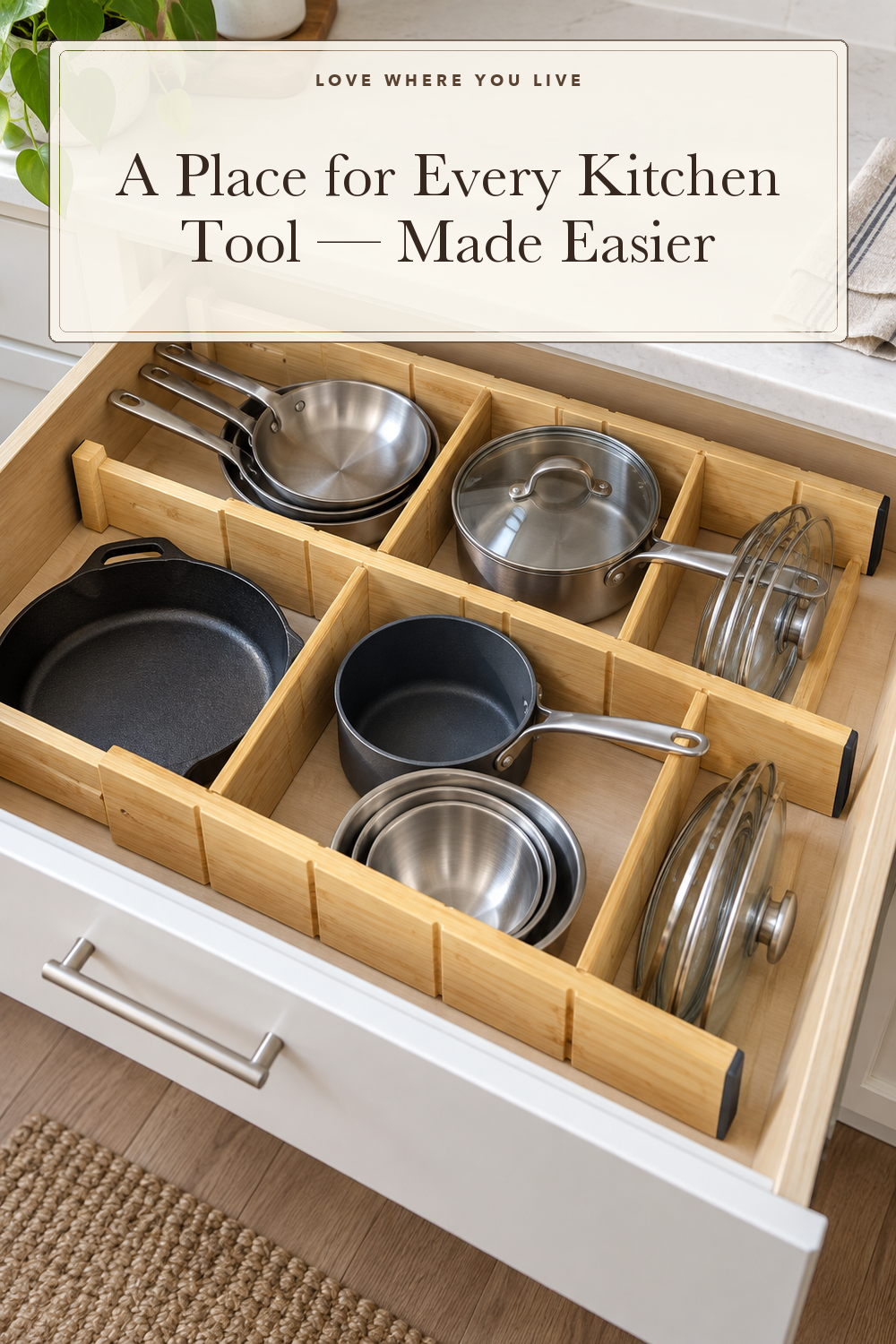 SpaceAid Bamboo Drawer Dividers with Inserts and Labels, Kitchen Adjustable Drawer Organizers, Expandable Organization for Home, Office, Dressers, 4 Dividers with 9 Inserts (17"-22" Natural); styling illustration