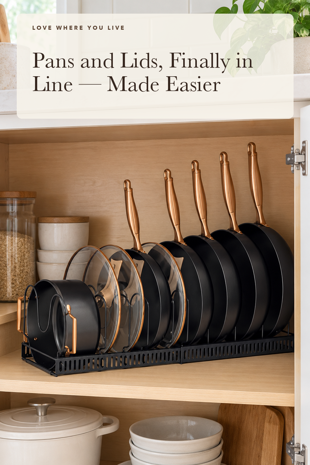 MUDEELA Expandable Pot Pan Lid Organizers inside Cabinet, 10 Divider-Black; styling illustration