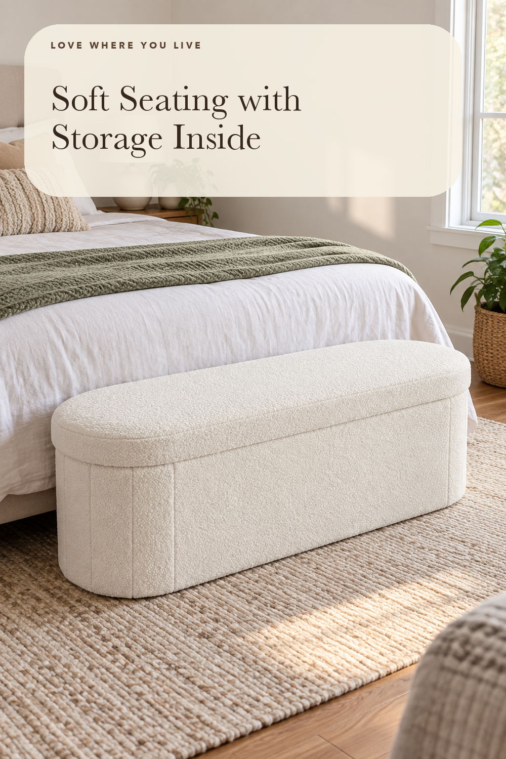 B FSOBEIIALEO 43.3" Sherpa Ottoman with Storage for Living Room,Cream White; styling illustration