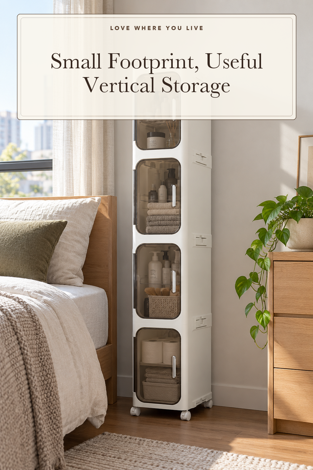 Neathub 4 Tier Slim Bathroom Storage Cabinet, Foldable and Movable, White; styling illustration