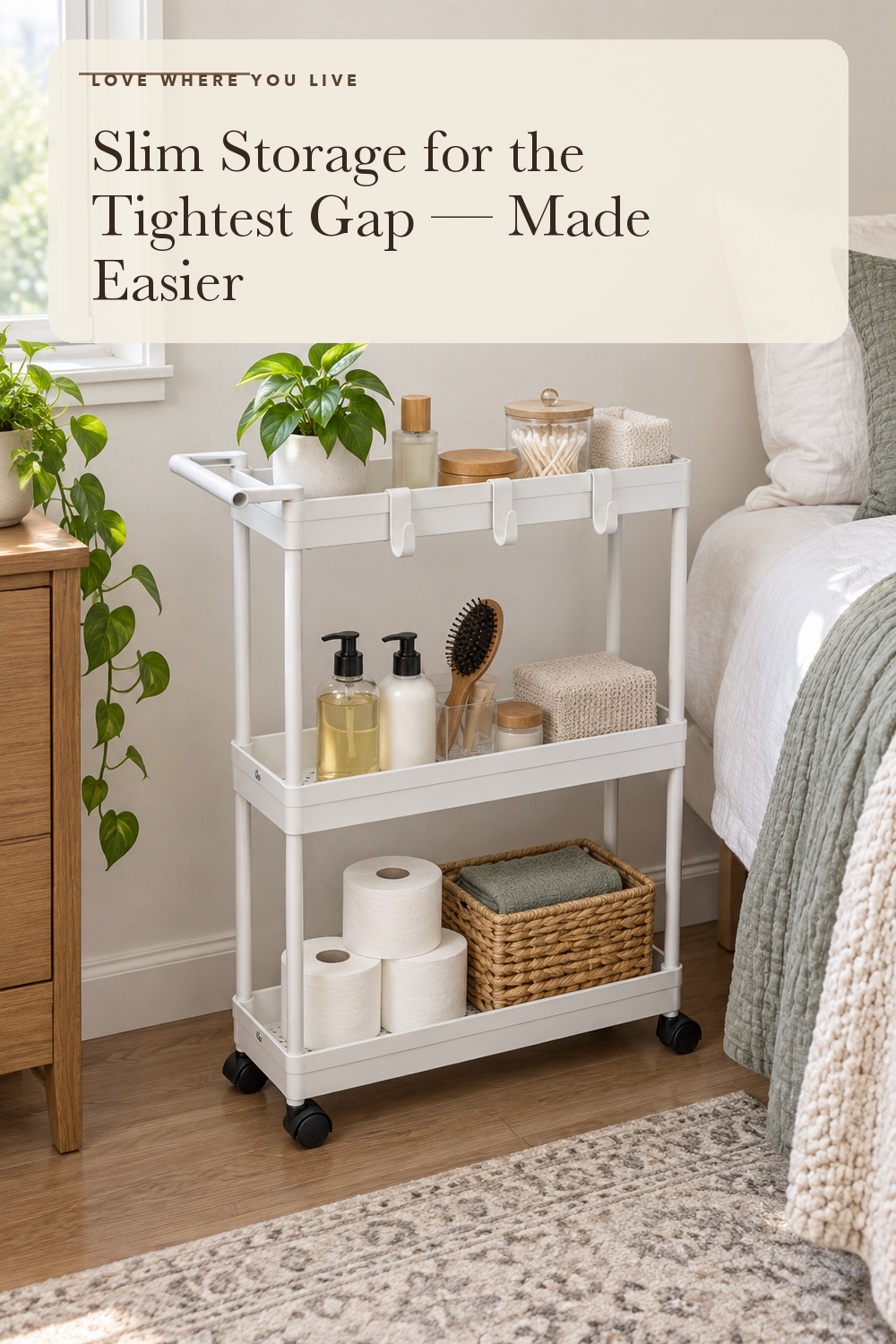Simple Houseware 3-Tier Slim Rolling Cart w/Handle 5.5" Wx27.5 H, White; styling illustration