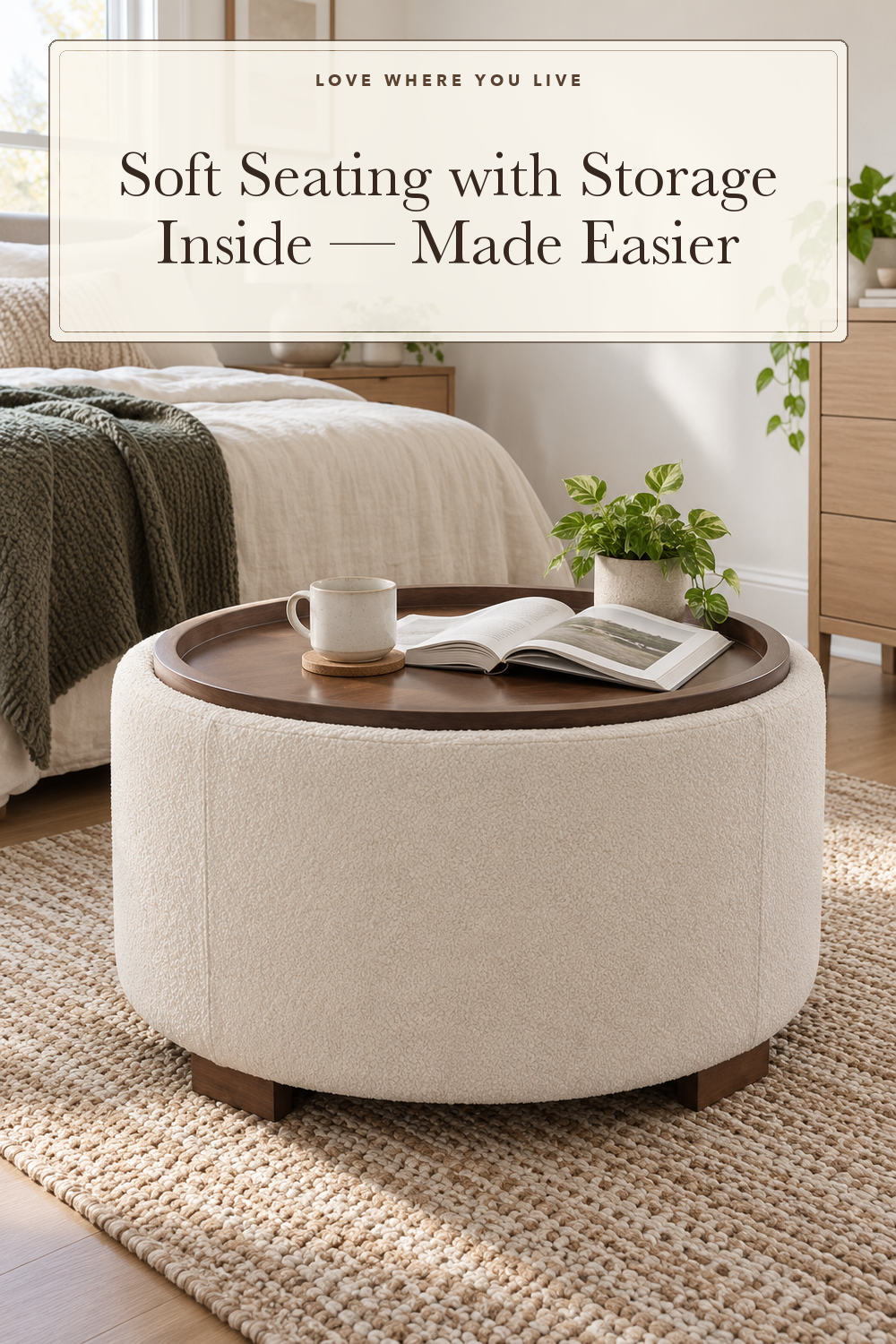 Zihanhome 30 Inch Round Storage Ottoman, Ottoman Coffee Table with Lift Off Lid, Boucle Modern Ottomans with Storage for Living Room, Bedroom, Apartments (Beige); styling illustration