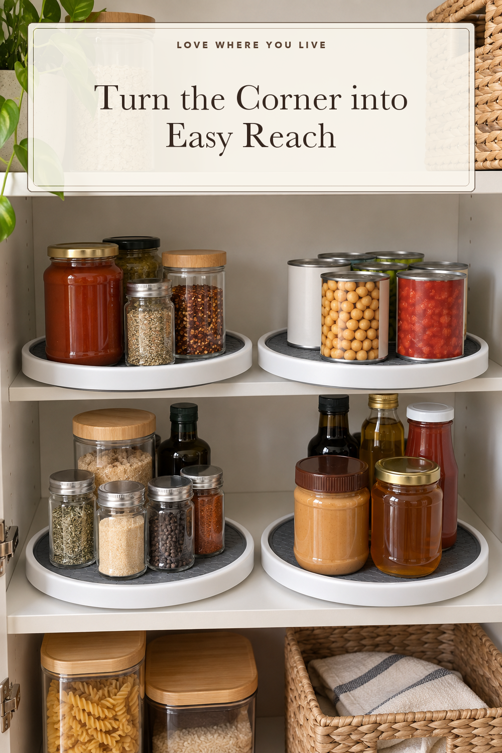Set of 4, 10 Inch Non-Skid Lazy Susan Organizers - Turntable Rack for Cabinet, Pantry Organization and Storage, Kitchen, Fridge, Bathroom Makeup Vanity Countertop, Under Sink Organizing, Spice Rack; styling illustration