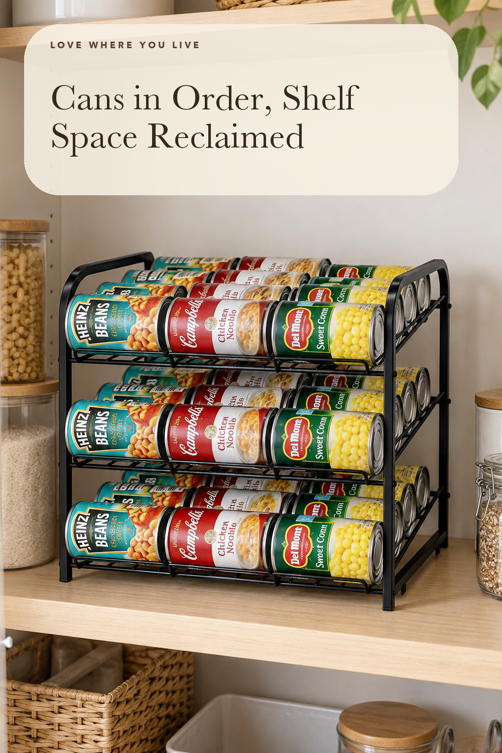 AIYAKA Can Rack Organizer,3 Tier Stackable Can Storage Dispenser,Black; styling illustration