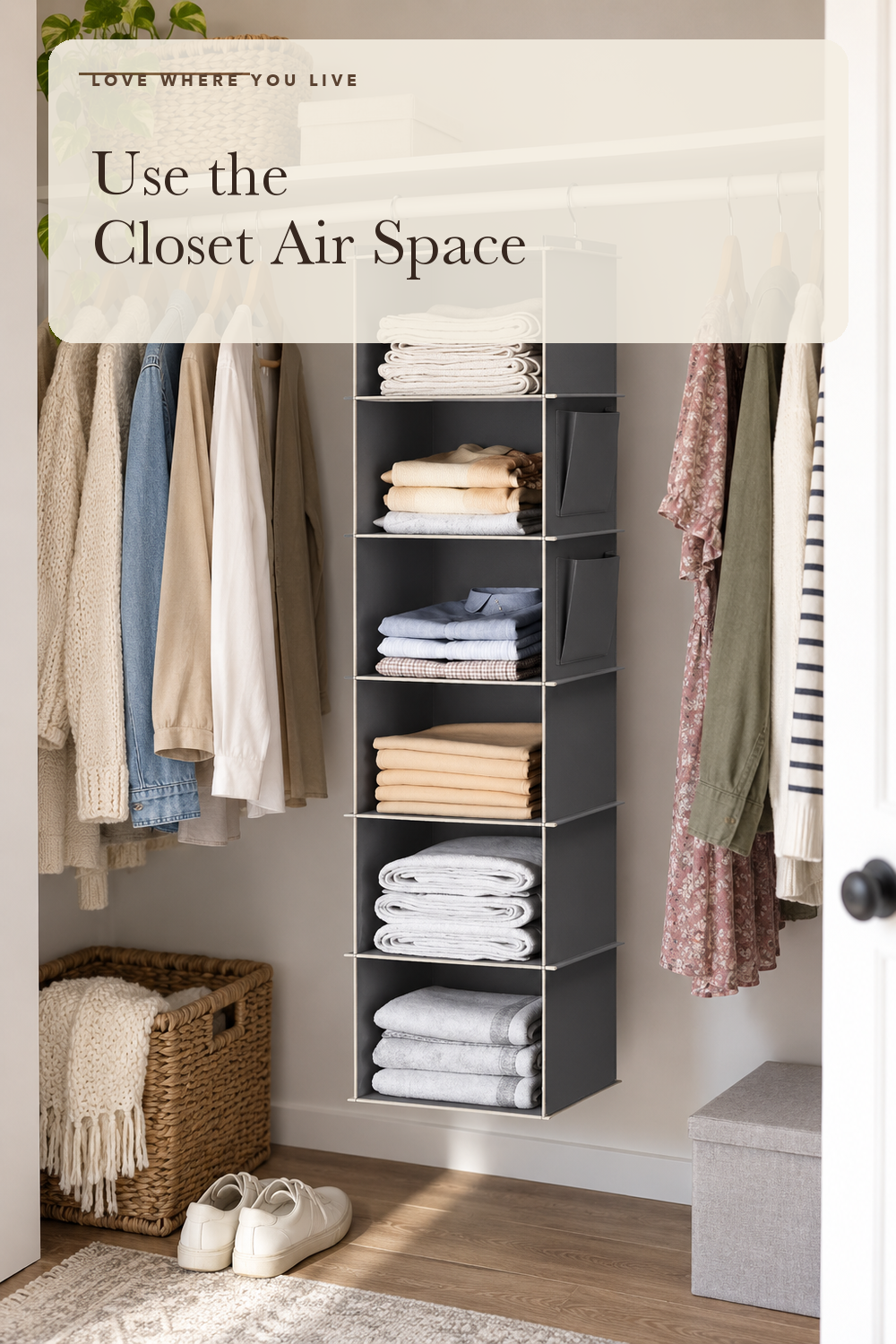 YOUDENOVA Hanging Closet Organizer and Storage, 6-Shelf, Grey; styling illustration