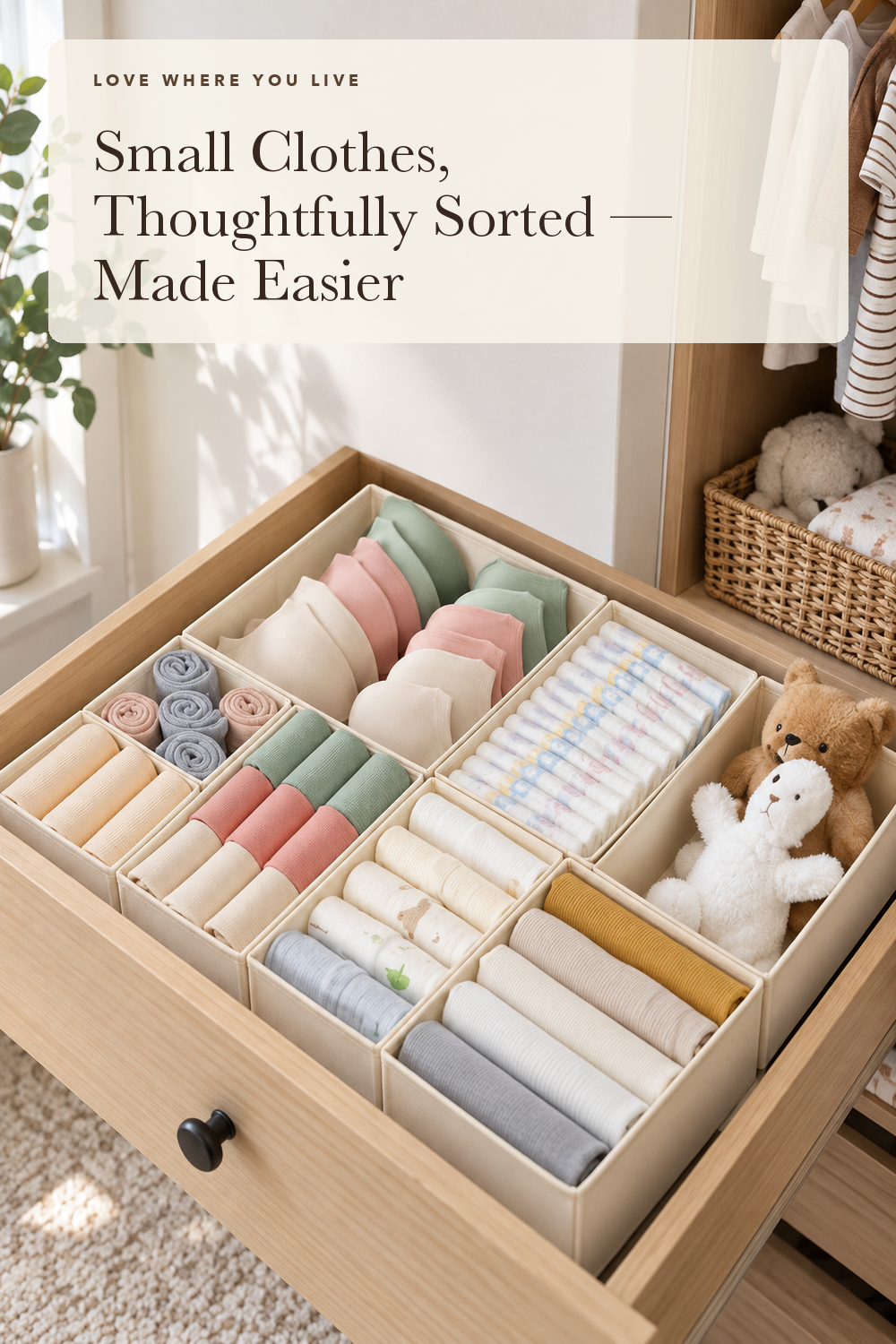 Criusia Drawer Organizer Clothes, 10 Pack Dresser Organizer for Baby Clothes, Underwear, Sock- Foldable Closet Organization and Storage Dividers Bins for Nursery, Bedroom (Beige); styling illustration