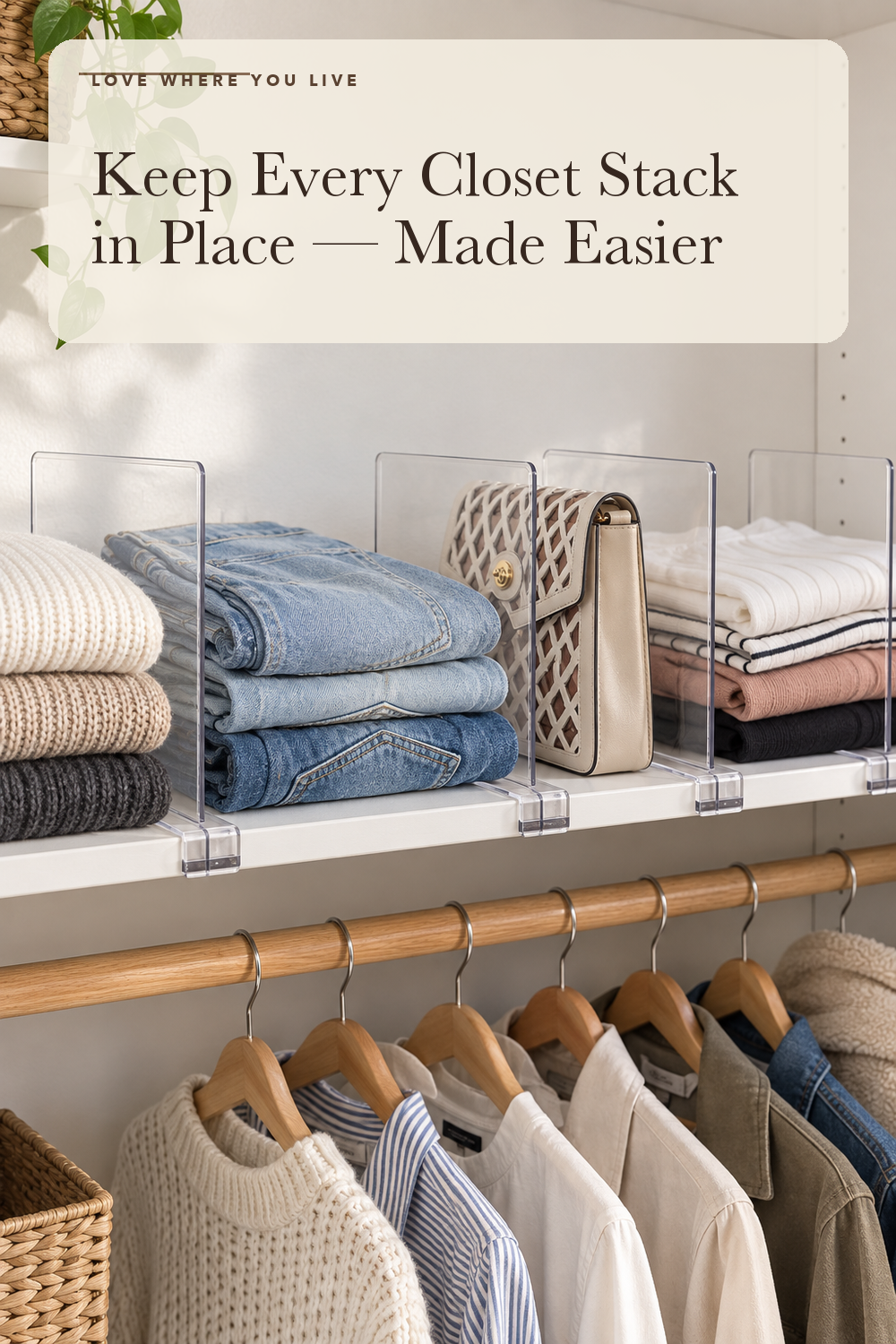 Clear Acrylic Shelf Dividers for Closets Organizer & Storage,8 Pack; styling illustration