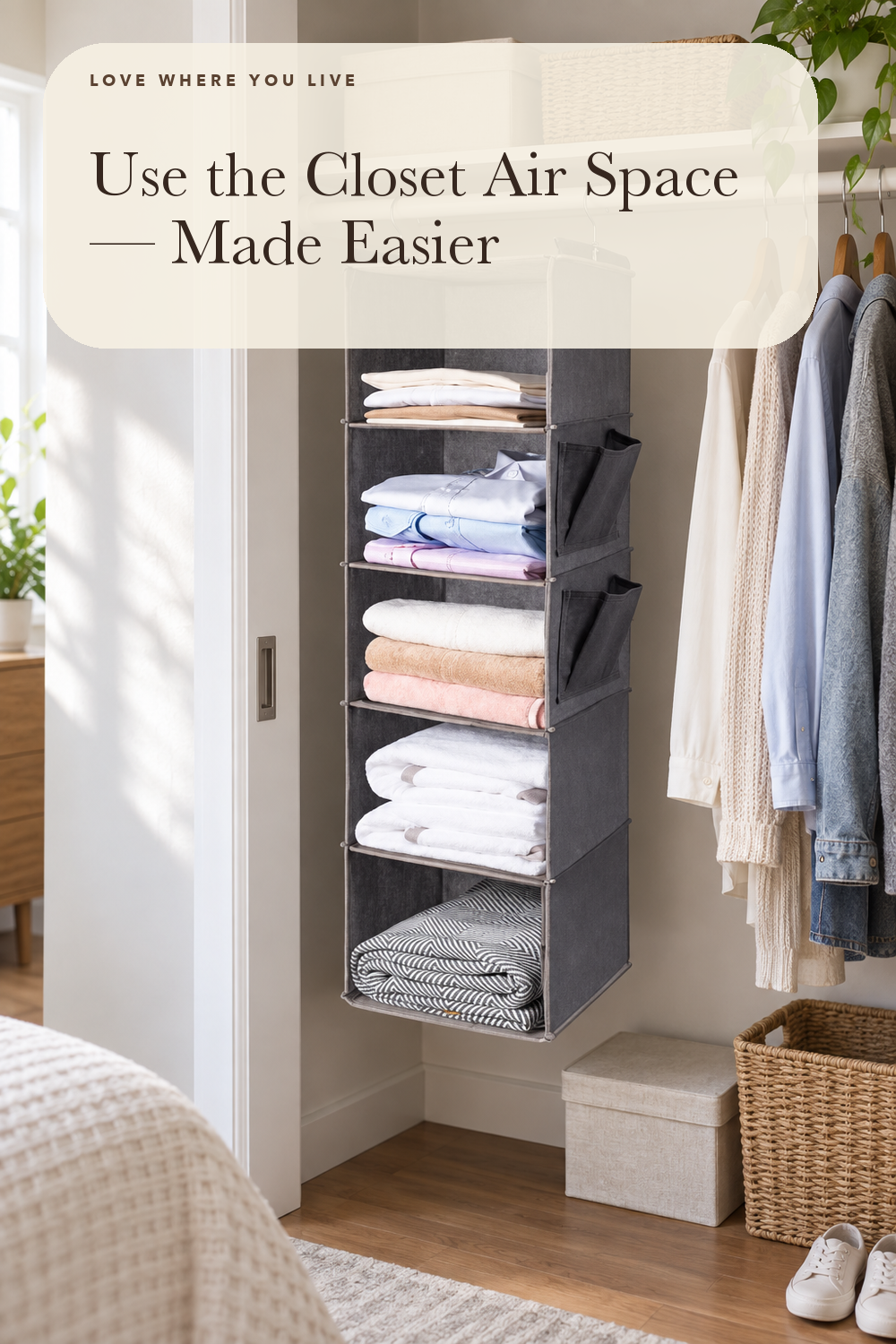 BOOMIBOO Hanging Closet Organize and Shelves,5-Hanging Shelf with 2 Side Pockets,Storage Foldable (Grey); styling illustration