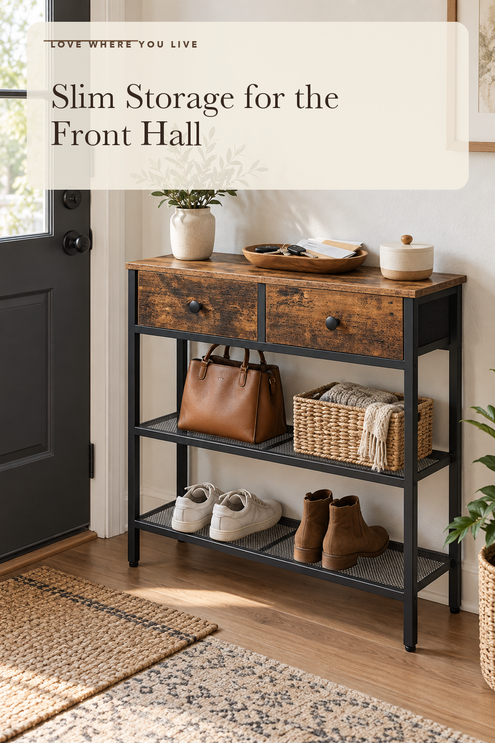 HOOBRO 29.5" Narrow Console Table with 2 Fabric Drawers, Sofa Table, Small Entryway Table with 3-Tier Storage Shelves, Behind Couch Table, for Living Room, Hallway, Rustic Brown and Black BF72XG01; styling illustration