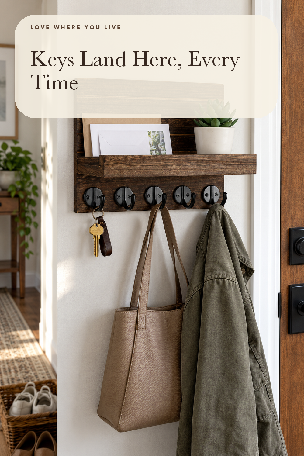 Lwenki Key Holder for Wall, Decorative Key and Mail Holder with Shelf Has Large Key Hooks for Bags, Coats – Paulownia Wood Key Hanger with Mounting Hardware (9.8”W x 6.7”H x 4.2”D) (Brown); styling illustration