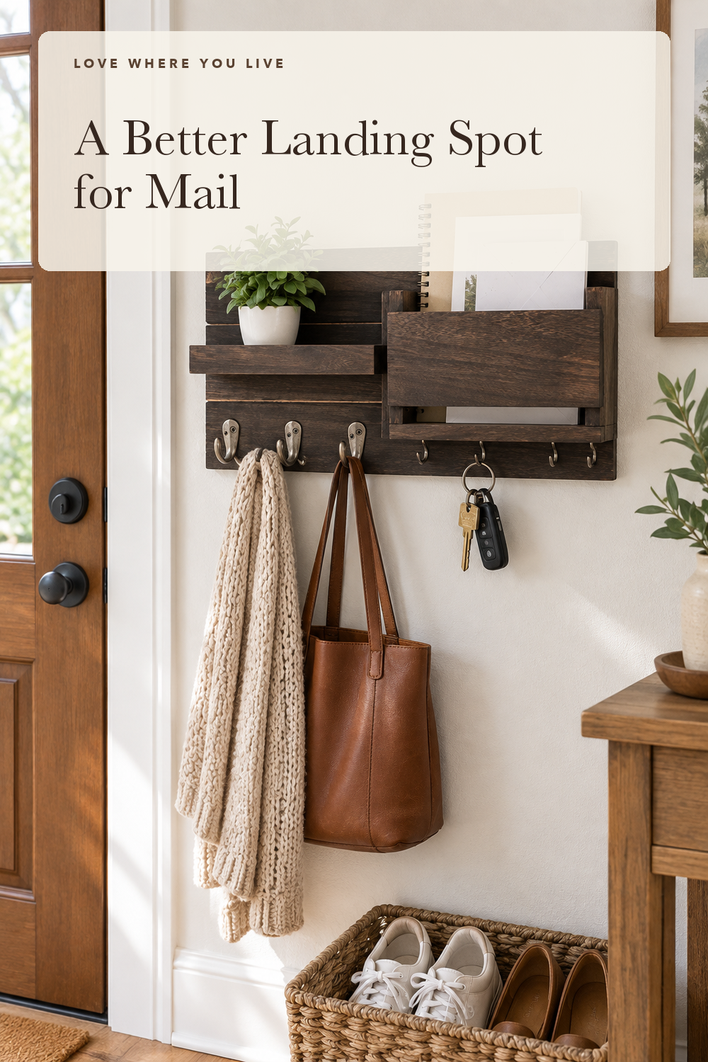 Lwenki Mail Organizer for Wall Mount – Key Holder with Shelf Includes Letter Holder and Hooks for Hallway Farmhouse Decor – Rustic Wood with Flush Mounting Hardware (16.5” x 9.1” x 3.4”) (Brown); styling illustration