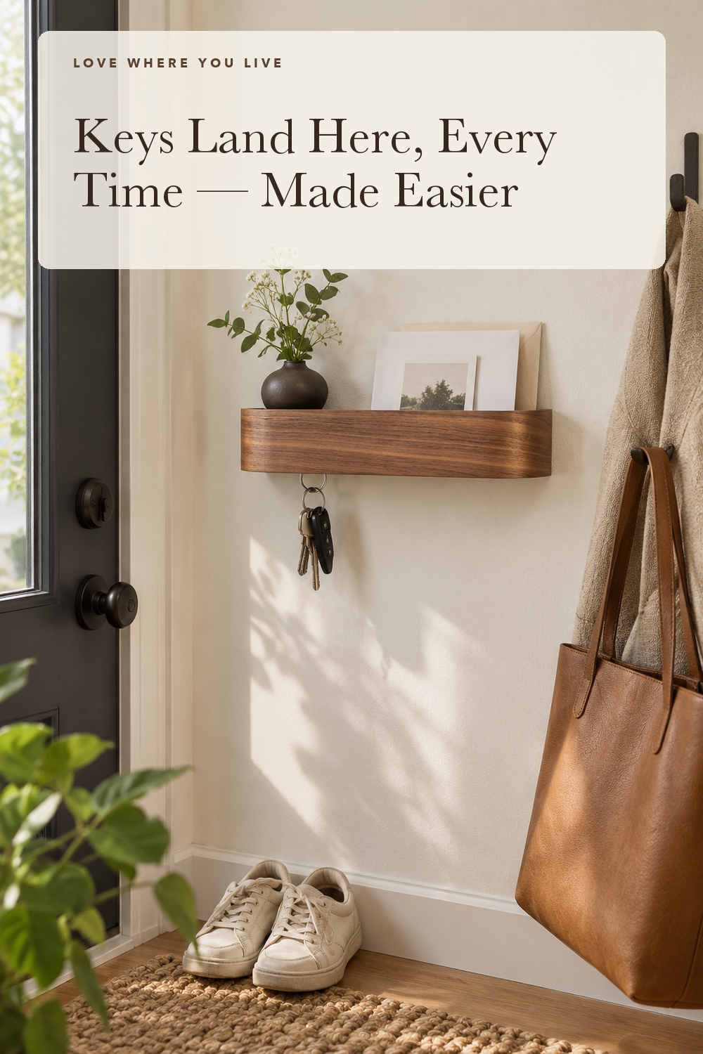 Kazai. Key Holder 'Toke' | Minimalist Key Hook Design from Berlin | Modern Key Holder Wall Mount with Wooden Shelf | Key Rack for Wall as Entryway Organizer | Walnut; styling illustration