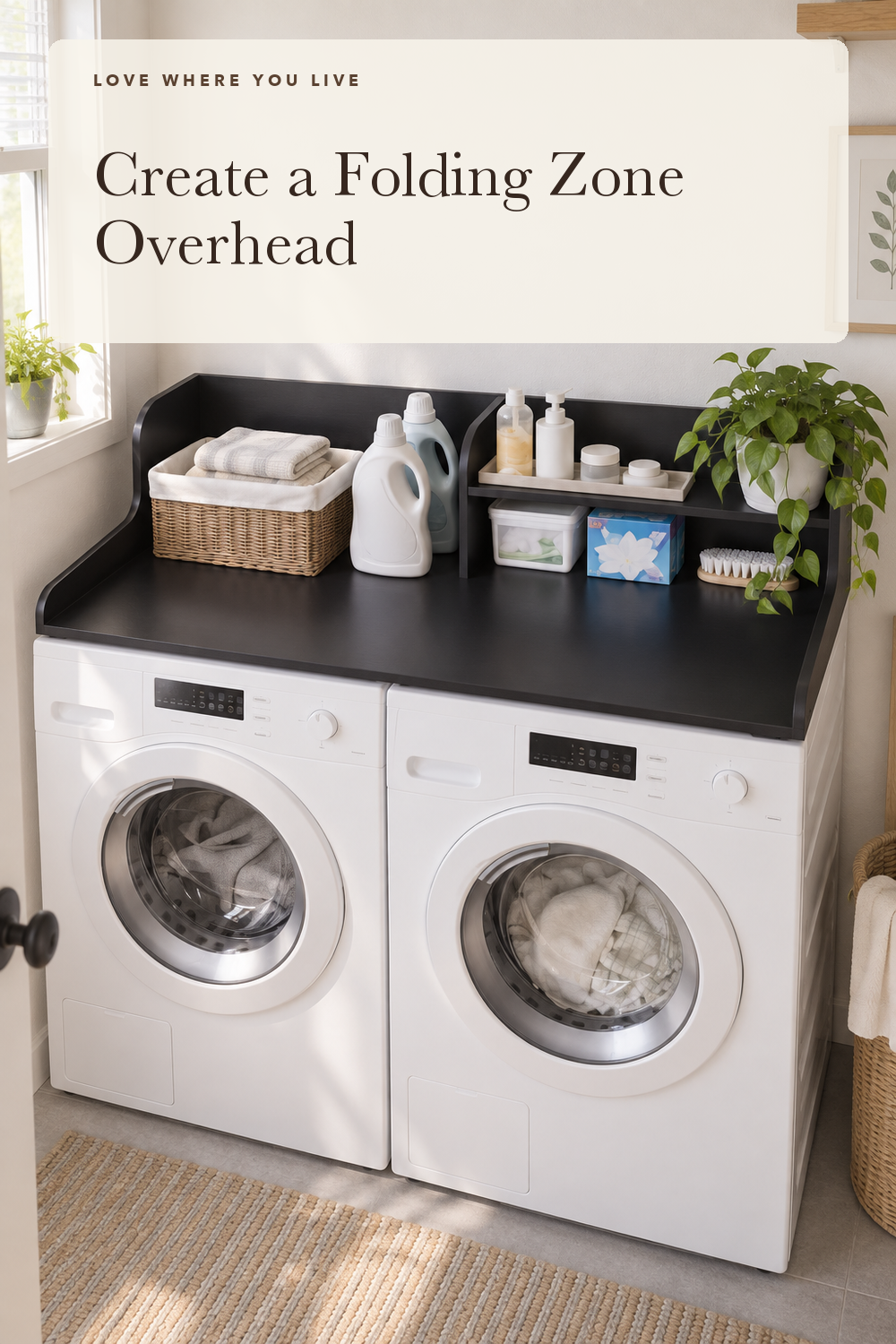 DTK Washer Dryer Wood Countertop with Shelf, 54” Laundry Countertop, Black; styling illustration