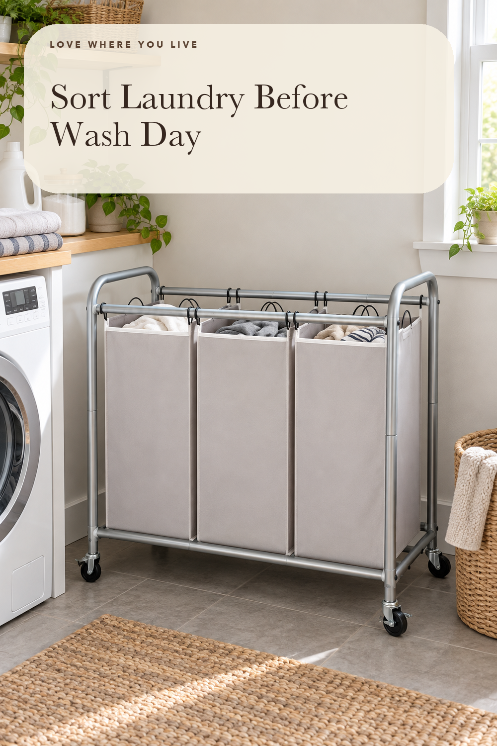 STORAGE MANIAC 3 Section Laundry Sorter, Laundry Hamper with Wheels, Gray; styling illustration