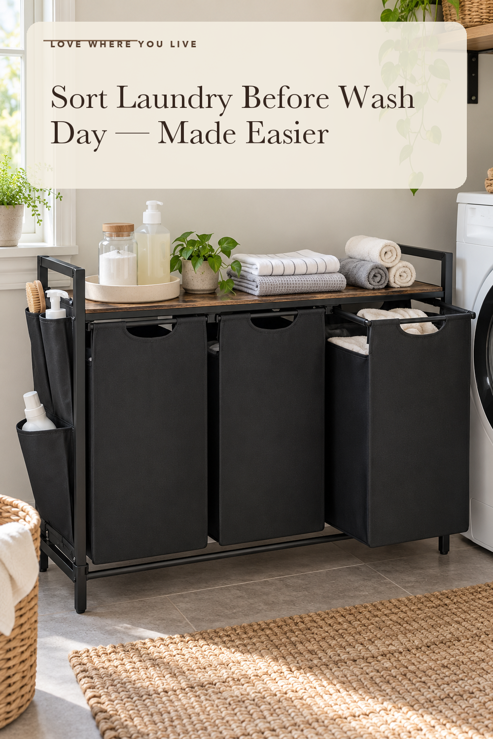 VASAGLE Laundry Hamper with Shelf, 3 Pull-Out Bags, 3 x 10.6 Gallons (40 L); styling illustration
