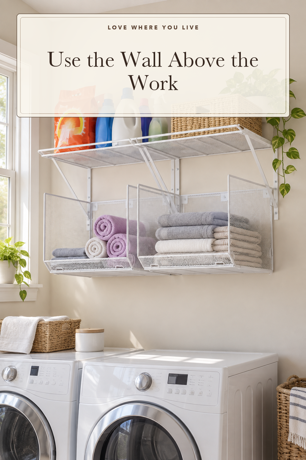 2 Pack Laundry Room Shelves Organization And Storage,Wall Mounted Clothes Drying Rack With Wire Mesh Basket Over Washer And Dryer,Large Capacity Floating Wall Shelf For Bathroom,Kitchen,Storeroom; styling illustration