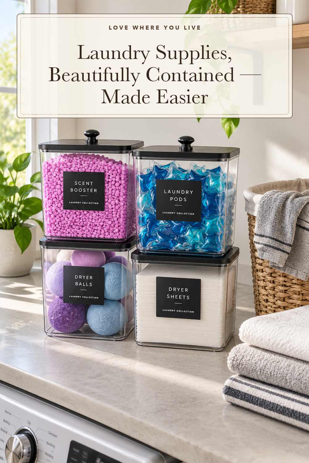 4 Pack Laundry Pods Container, Clear Laundry Room Organization Containers Essentials, Large Detergent Powder Storage Containers Black Wooden Lids & Labels Signs, Home Acrylic Laundry Pods Holder; styling illustration