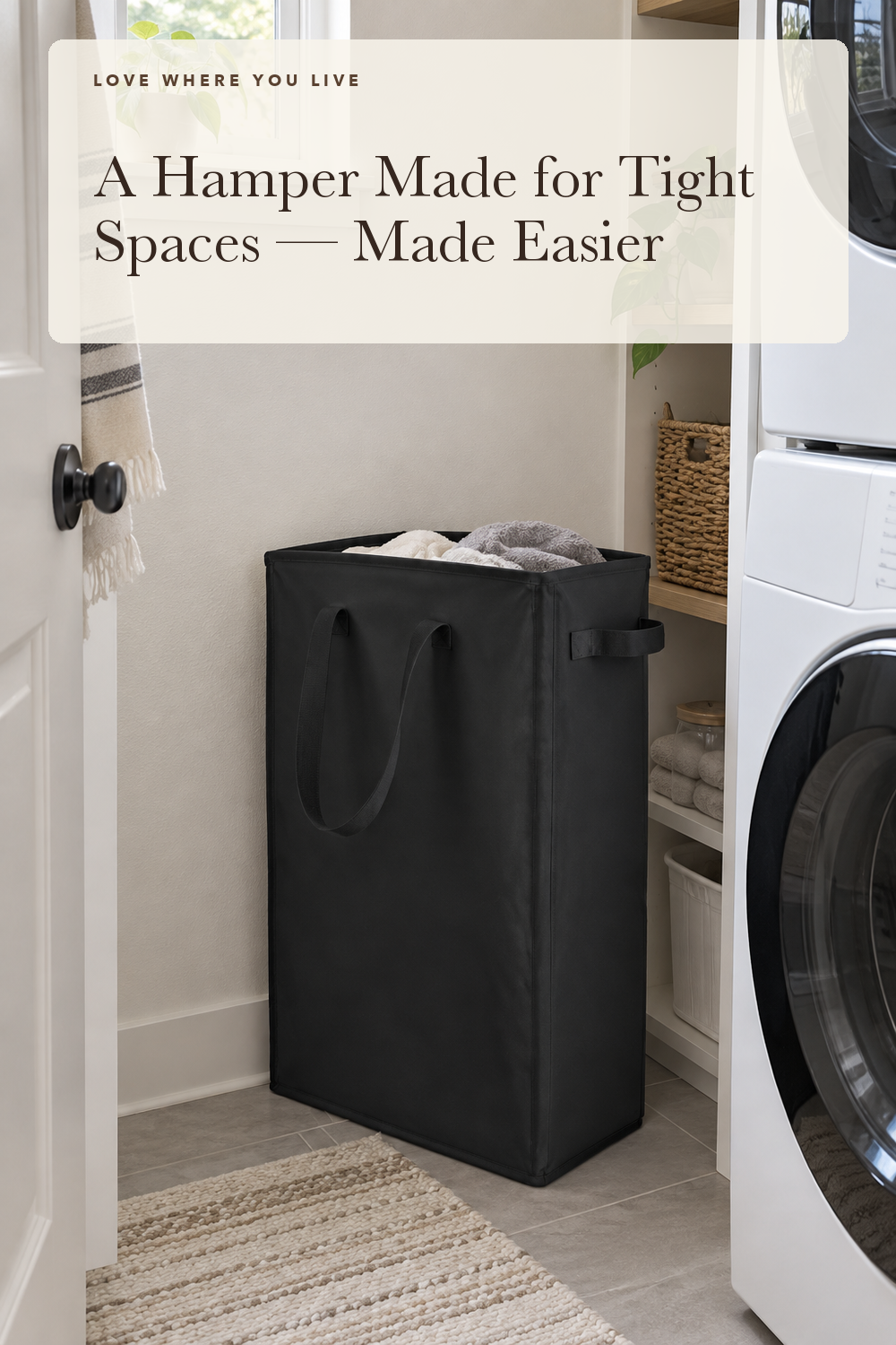 Odonata Slim Laundry Hamper Handles Collapsible Laundry Basket Thin Dirty Clothes Basket Narrow Laundry Bag Foldable Dirty Hamper 45L (Black); styling illustration