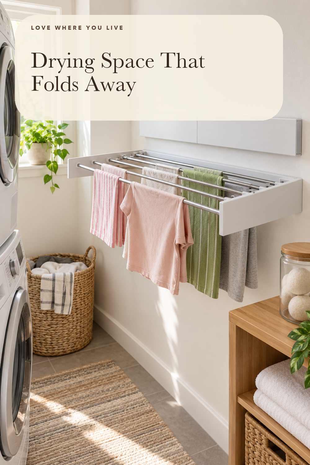 Vikaqi Wall Mounted Clothes Drying Rack 40 inches, Foldable Wall Mount Laundry Rack Folding Indoor, Drying Rack Clothing Collapsible, Hidden Space Saver with Wall Template, 6 Rods, White; styling illustration