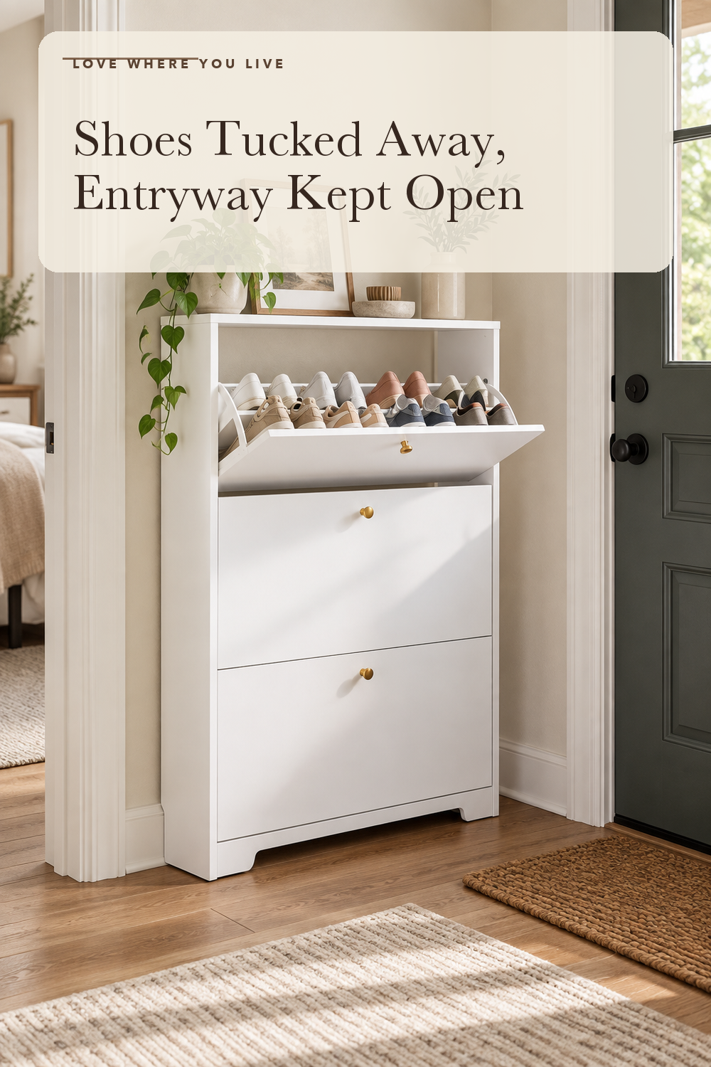 Nicetree Shoe Cabinet with 3 Flip Drawers, Narrow Shoe Organizer Cabinet, Freestanding Shoe Rack Cabinet, Modern Shoe Storage Cabinet for Entryway, Hallway, Foyer, White; styling illustration