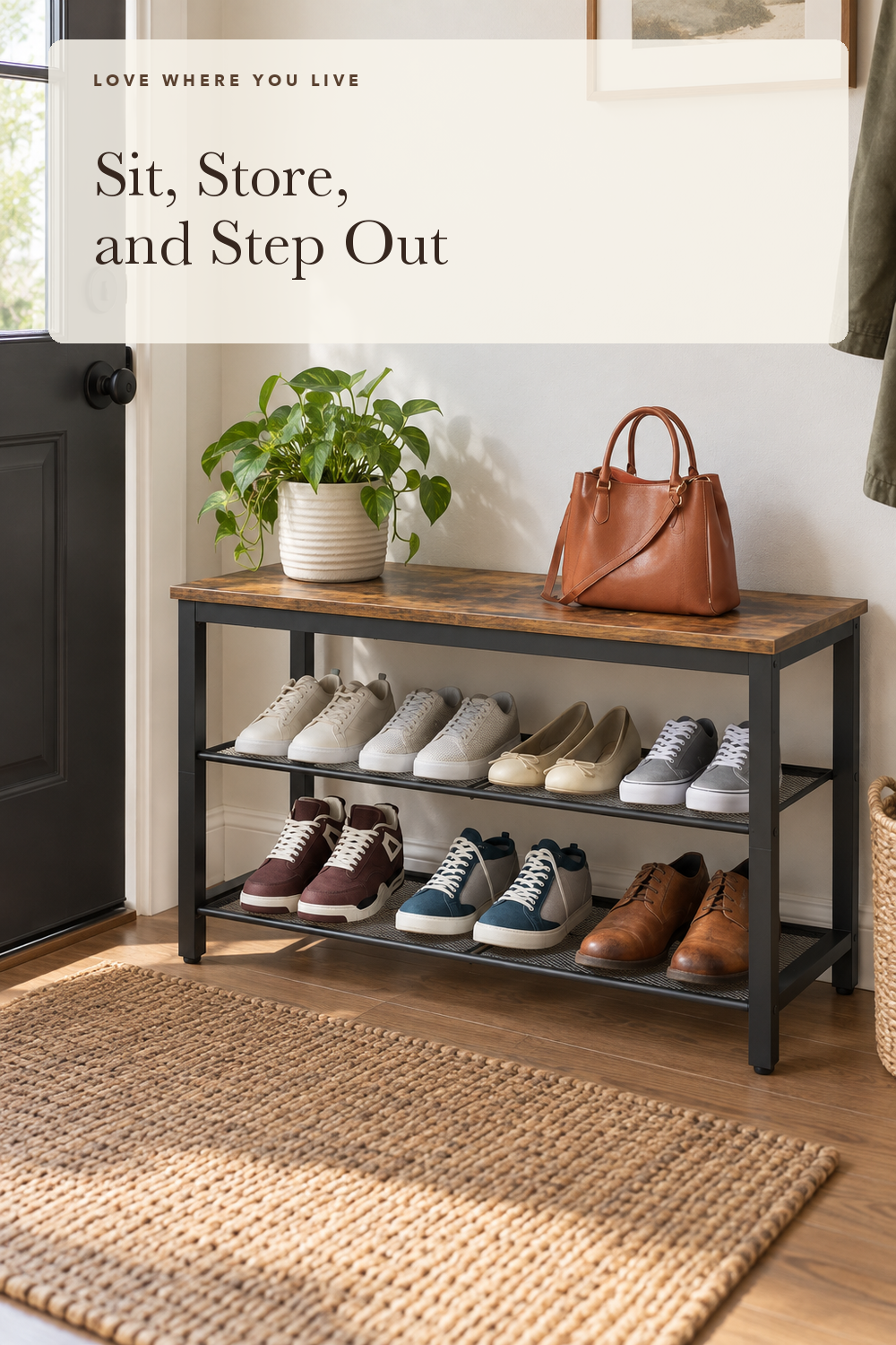 HOOBRO Shoe Bench, 3-Tier Shoe Rack, Industrial Shoe Organizer Storage Bench, 29.5 inches Entry Bench with Mesh Shelves, for Entryway, Living Room, Hallway, Easy Assembly, Rustic Brown BF75HX01; styling illustration