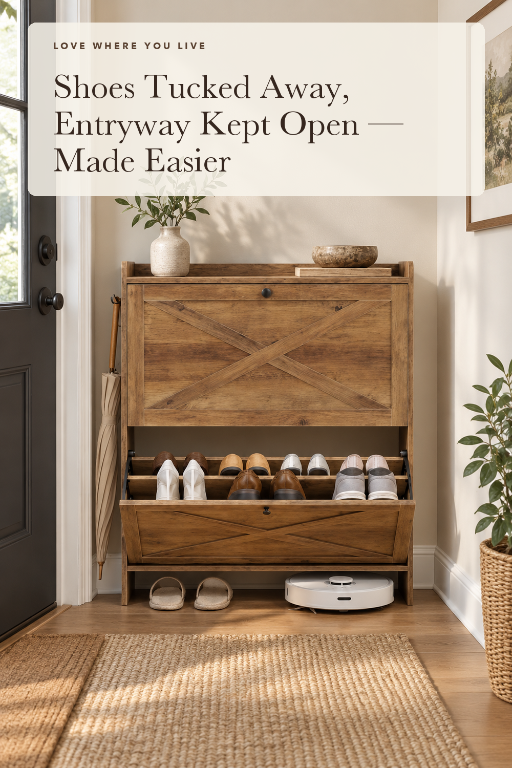 VASAGLE Narrow Shoe Storage Cabinet Organizer with 2 Flip Drawers; styling illustration