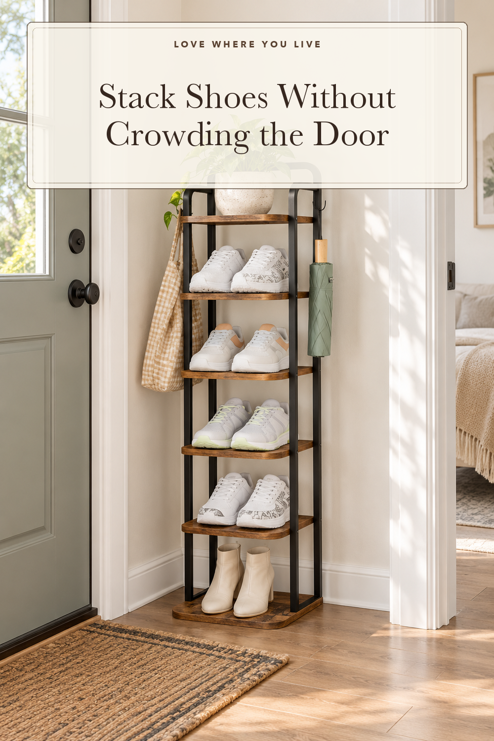 Hzuaneri 6 Tiers Vertical Shoe Rack, Tall Shoe Shelf with 2 Hooks; styling illustration