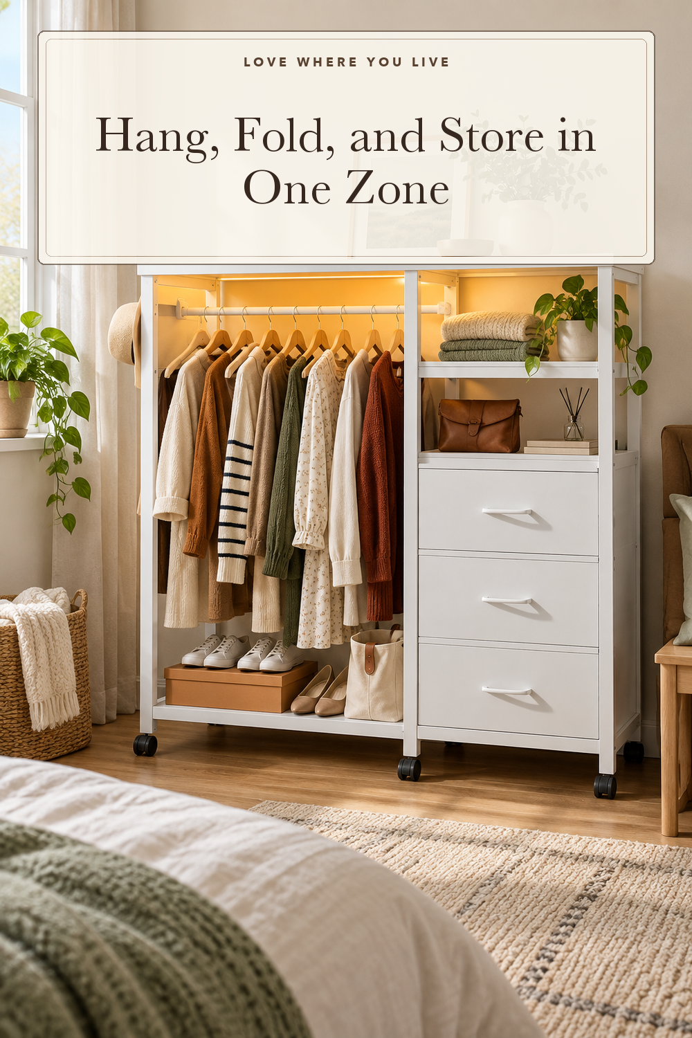 WLIVE LED Dresser for Bedroom, 3 Drawers with Hanging Rack, White; styling illustration