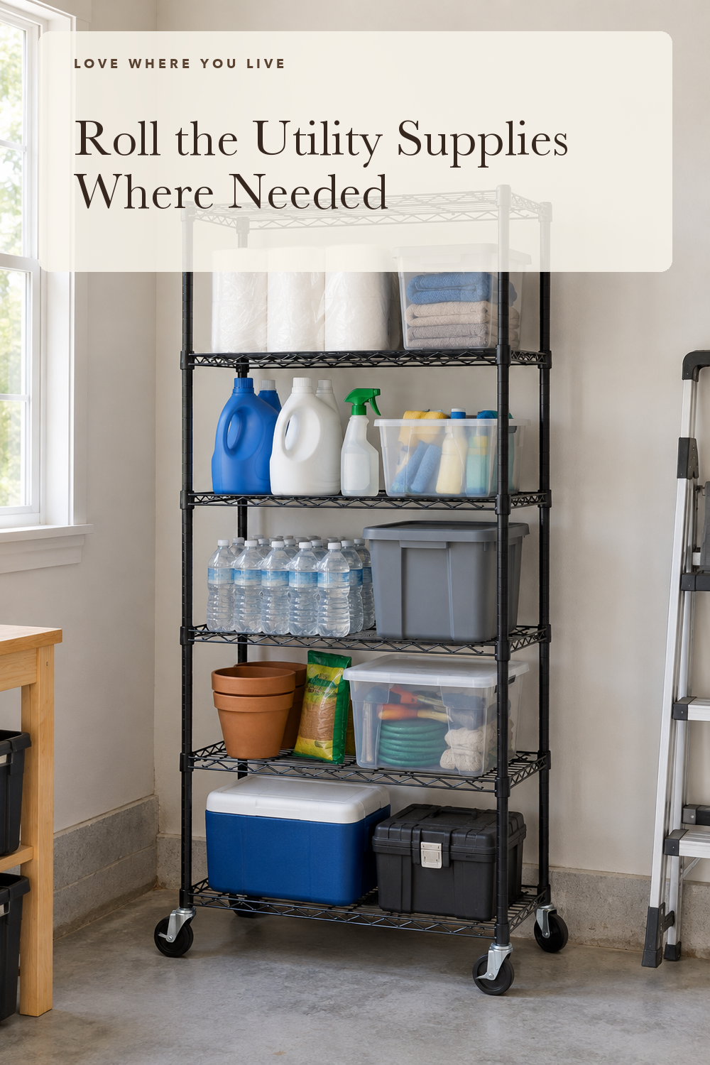 Amazon Basics 5-Shelf Heavy Duty Garage Shelving Storage Rack with 4" Wheel Casters, Adjustable Metal Wire Organizer, 300 lbs Per Shelf, 30" x 14" x 64.75", Black; styling illustration
