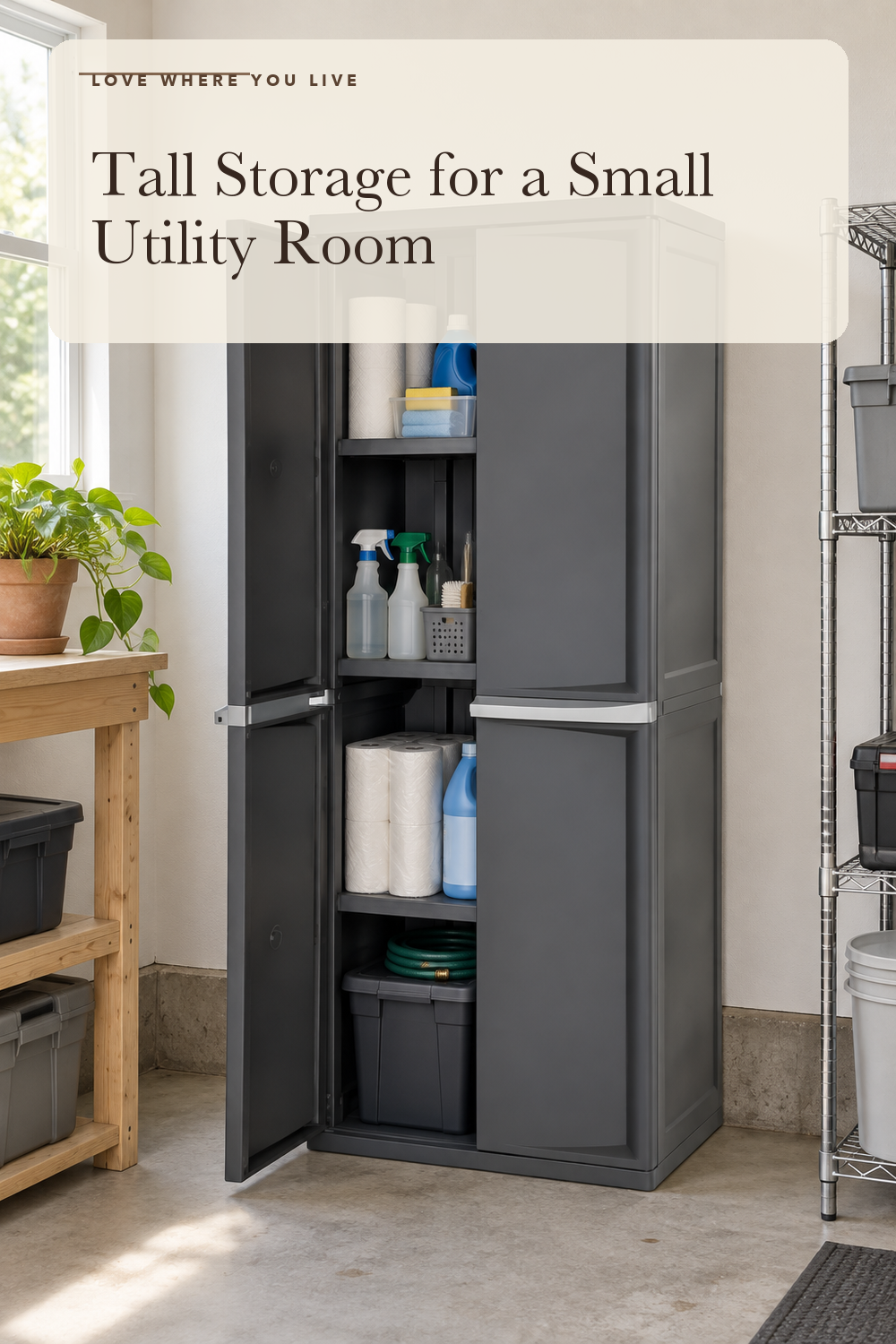 Sterilite 4 Shelf Cabinet, Lockable Utility Storage, Gray; styling illustration