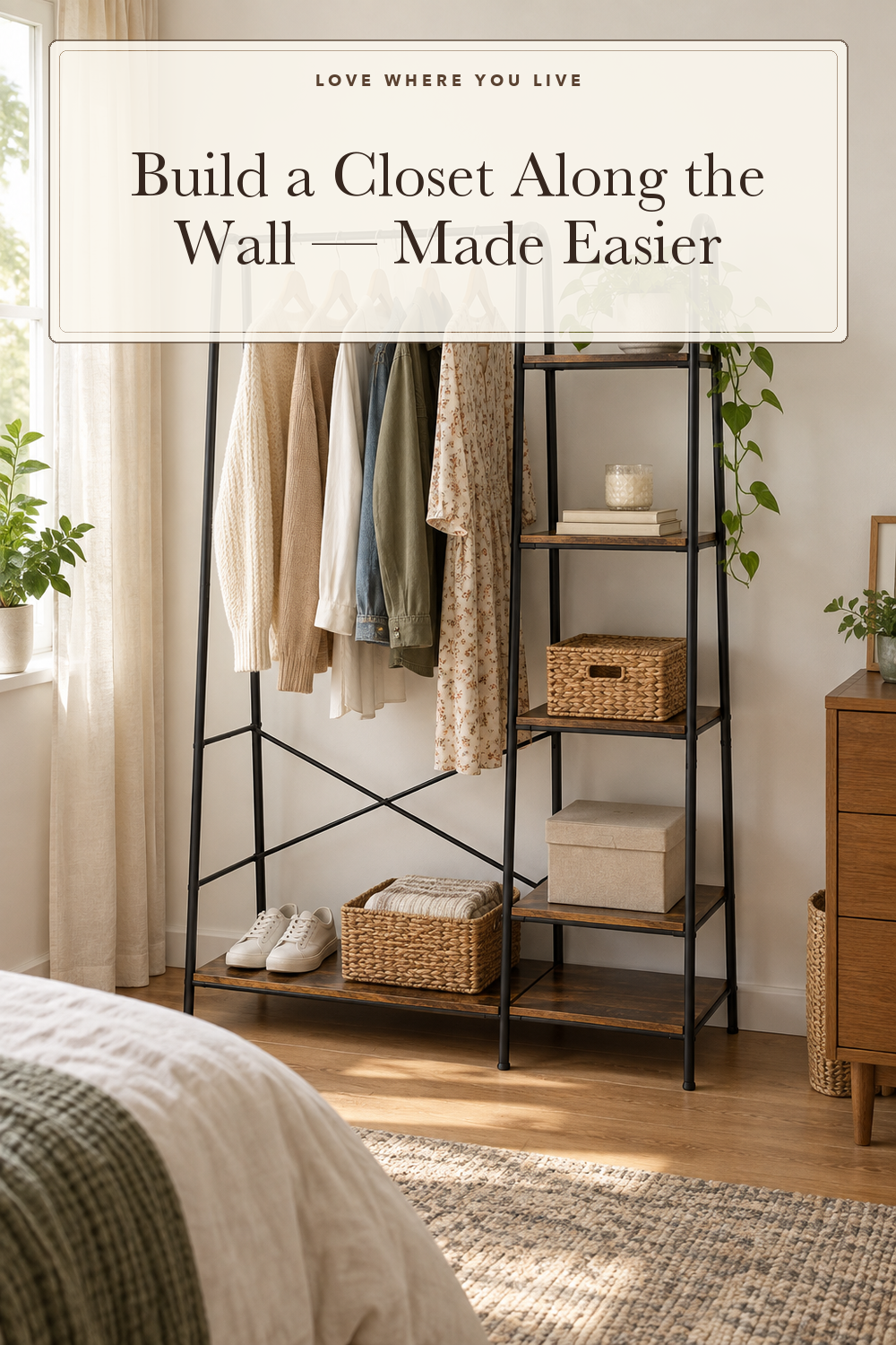 Finnhomy Rustic Clothes Rack, Clothing Rack for Hanging Clothes Heavy Duty Garment Rack with 5 Wood Shelves Freestanding Portable Closet Organizer for Bedroom/Entryway/Boutiques,Matte Black; styling illustration