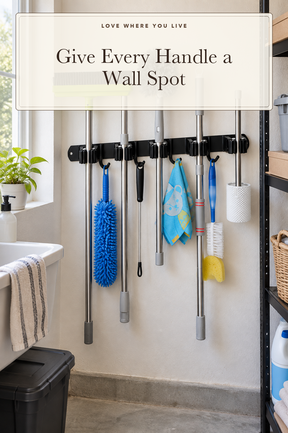 voze 5 Racks and 4 Hooks Mop and Broom Holder Wall Mount, Self Adhesive Heavy Duty Broom Hanger Organizer Storage Tool Racks for Kitchen Garden Laundry Garage Black; styling illustration