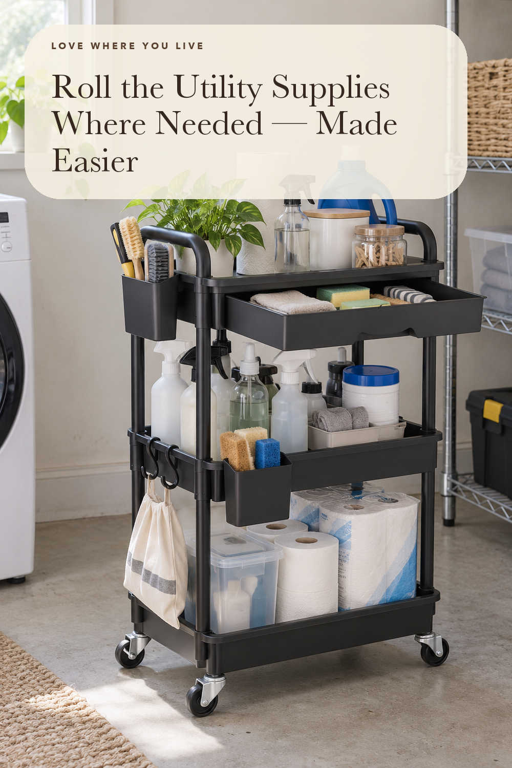 Goovilla 3 Tier Rolling Utility Cart Organizer with Removable Drawer, Black; styling illustration