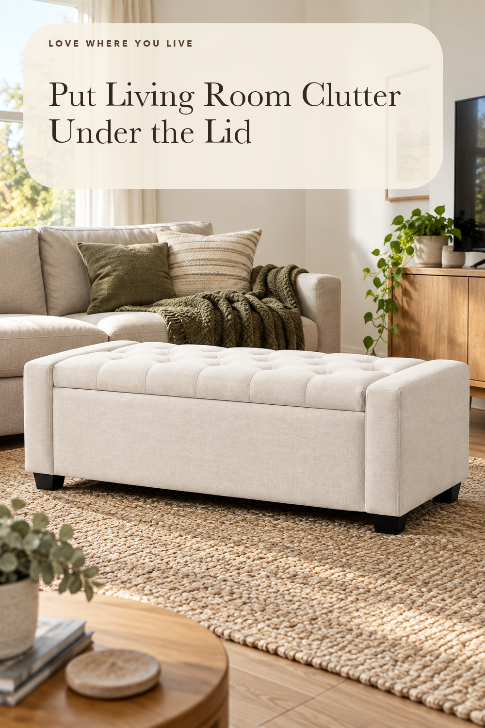 Huatean Home 48" Ottoman with Storage, Beige Storage Ottoman Bench; styling illustration
