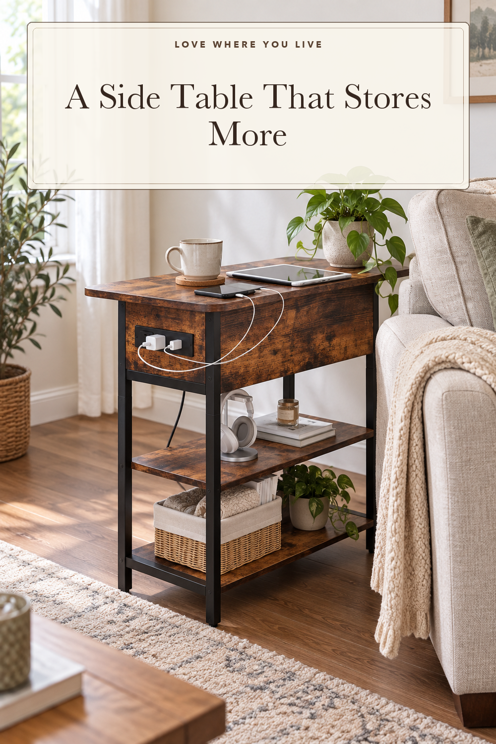 Yoobure End Table with Charging Station, Flip Top Side Table with USB Ports and Outlets, Sofa Couch Table Bedside Table for Living Room Bedroom, Narrow Nightstand with Storage Shelves for Small Space; styling illustration