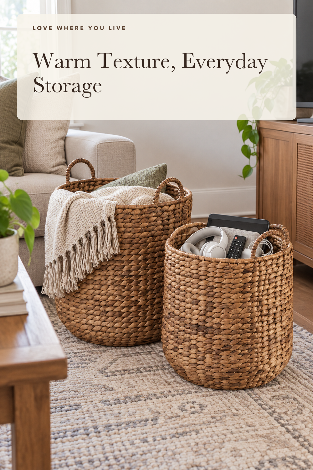 Best Choice Products 2-Piece Round Nesting Baskets W/Handles, Handwoven Water Hyacinth, Plant Holder, Laundry Basket, Storage Organizer, Tote Bins for Bedroom, Living Room, & Laundry Room - Chestnut; styling illustration