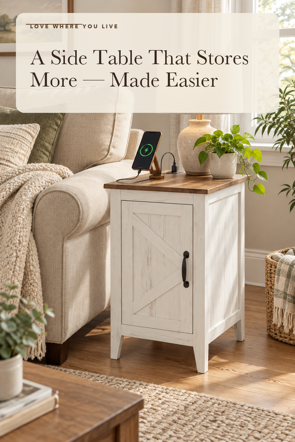 VASAGLE Side Table with Charging Station and Storage Cabinet, Nightstand; styling illustration