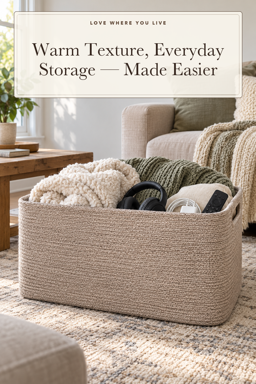 OIAHOMY 75L Large Blanket Basket Woven Cotton Rope Storage Basket Brown; styling illustration