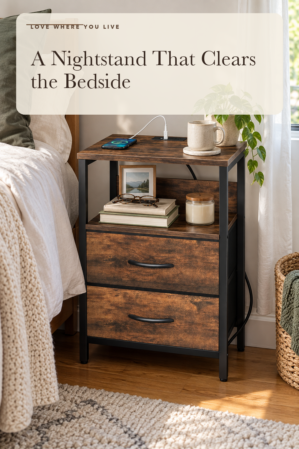Yoobure Nightstand with Charging Station, Small Night Stand with Fabric Drawers and Storage Shelf for Bedrooms, Small Spaces, Bedside Table with USB Ports & Outlets; styling illustration